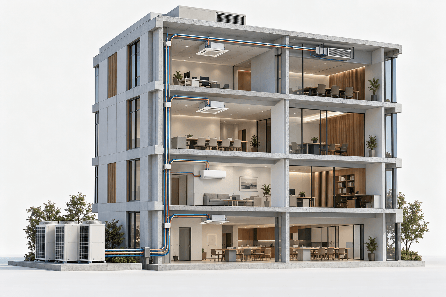 Çok katlı yapıda VRF sisteminin çalışma mantığını gösteren temsili görsel